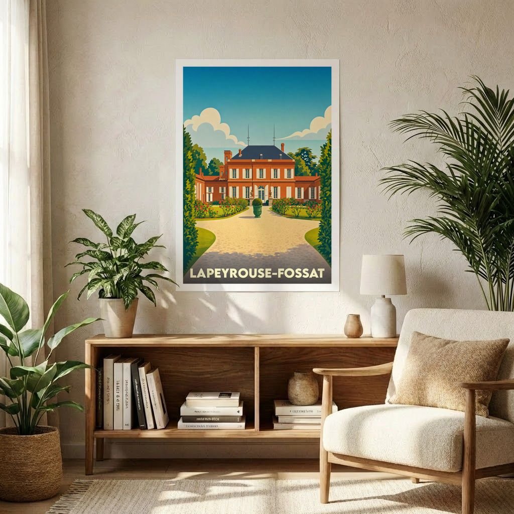 Affiche souvenir de la ville de Lapeyrouse-Fossat avec une illustration stylisée de son château.