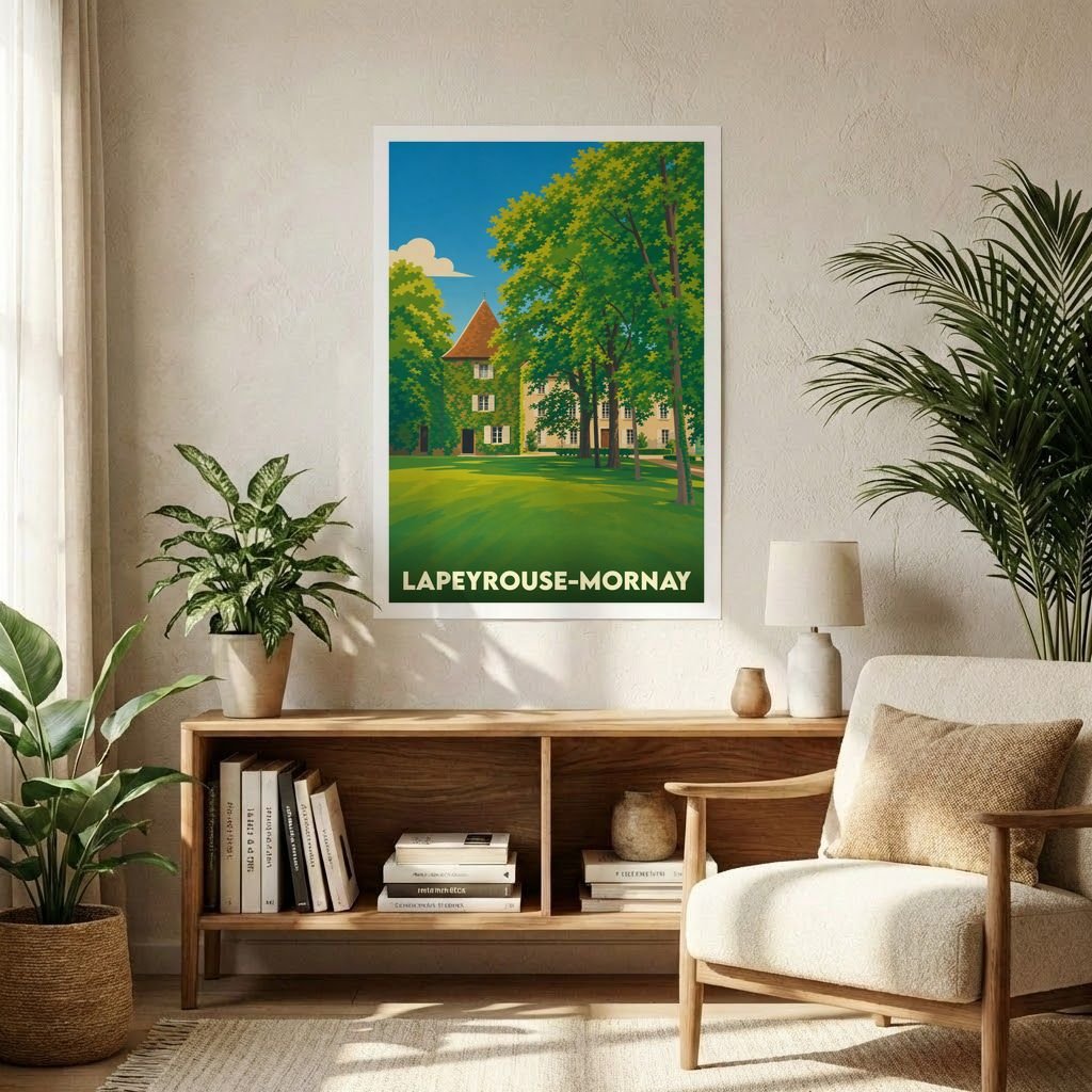Affiche souvenir de la ville de Lapeyrouse-Mornay avec une illustration stylisée de son paysage verdoyant.
