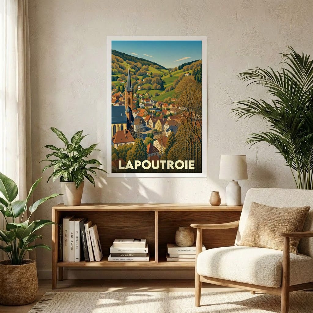 Affiche souvenir de la ville de Lapoutroie avec une illustration stylisée de son paysage montagneux et de son église.
