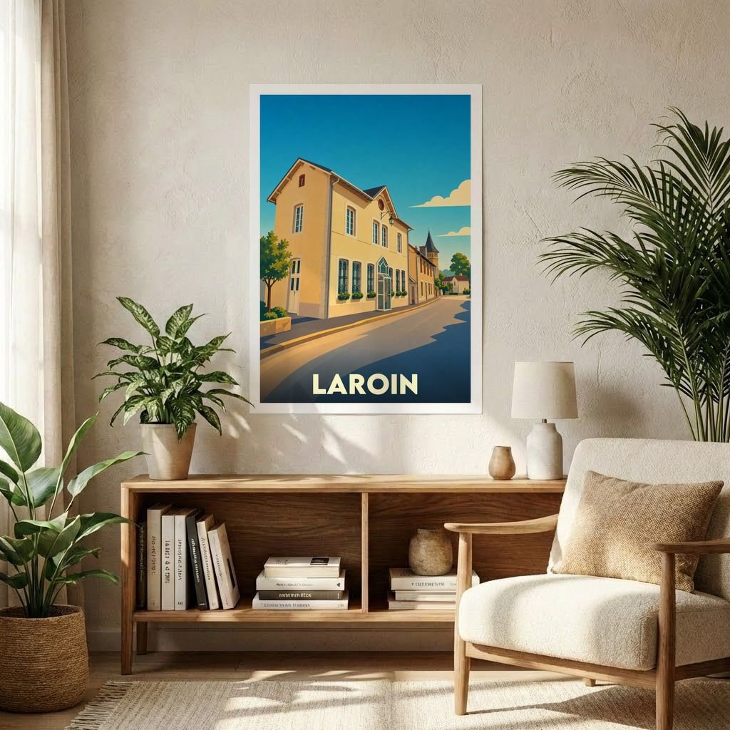 Affiche souvenir de la ville de Laroin avec une illustration stylisée d'un bâtiment typique sous un ciel bleu.
