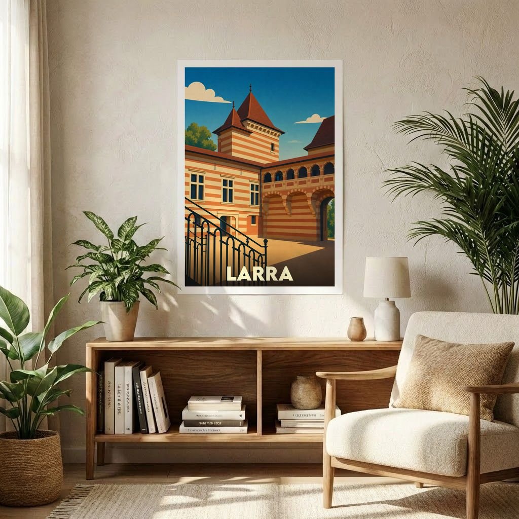 Affiche souvenir de la ville de Larra avec une illustration stylisée de son château.