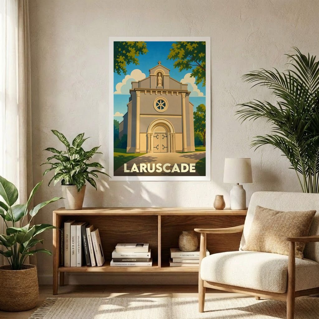 Affiche souvenir de la ville de Laruscade représentant son église dans un style graphique épuré.