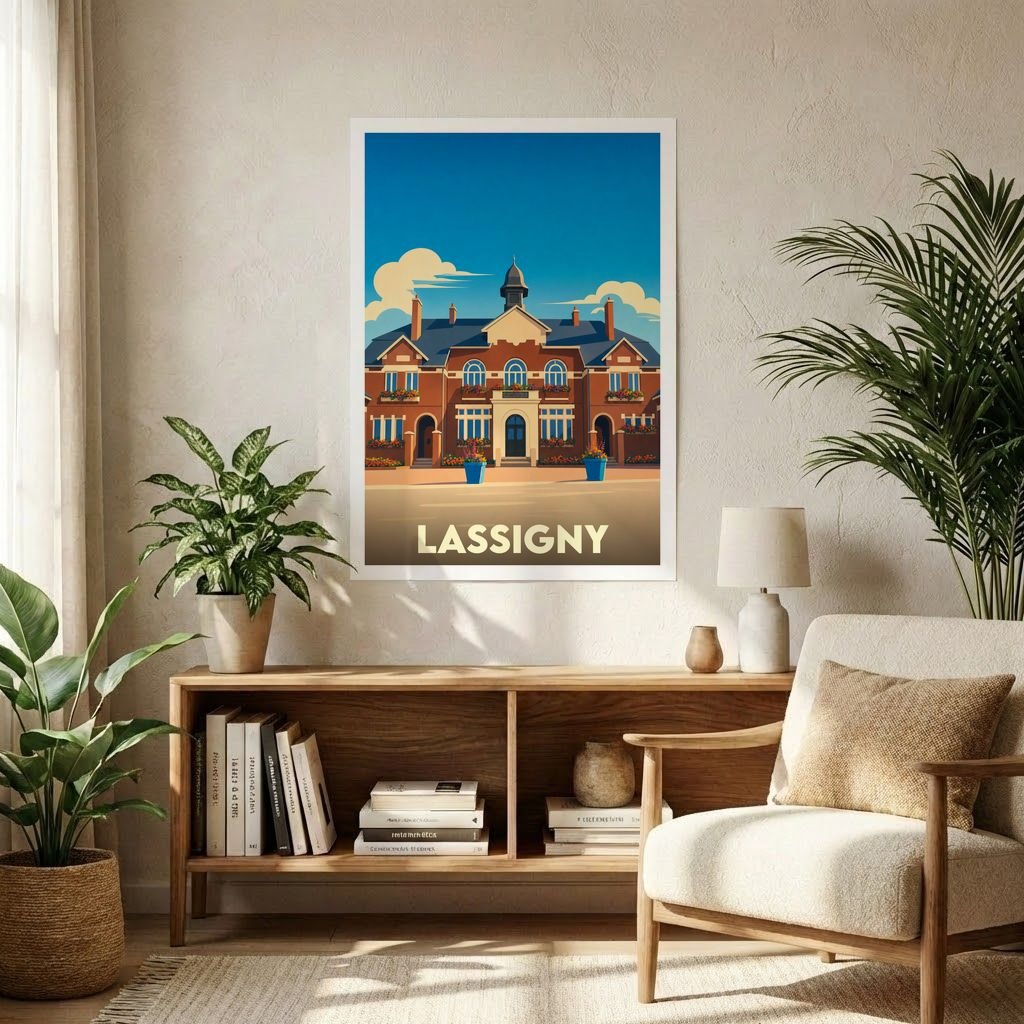 Affiche souvenir de la ville de Lassigny présentant une illustration stylisée de son architecture locale.