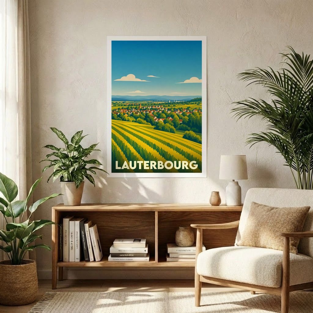 Affiche souvenir de la ville de Lauterbourg avec une illustration stylisée de ses champs et paysages.