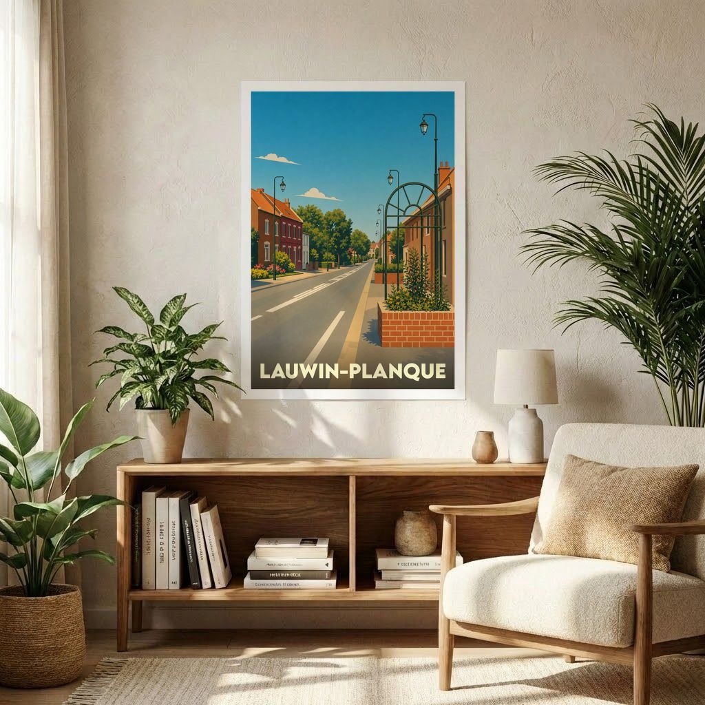 Affiche souvenir de la ville de Lauwin-Planque avec une illustration stylisée d'une rue typique sous un ciel bleu.