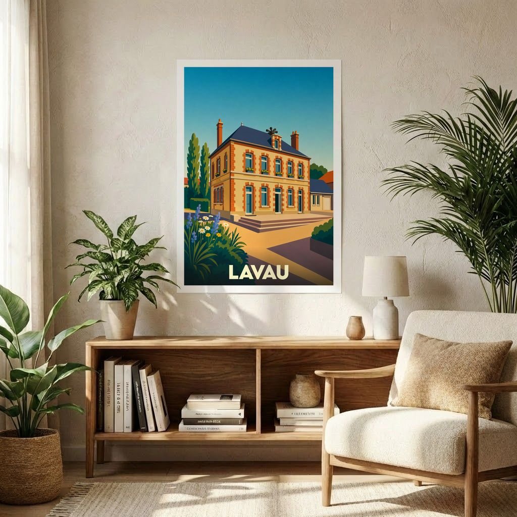 Affiche souvenir de la ville de Lavau avec une illustration stylisée d'une maison traditionnelle.
