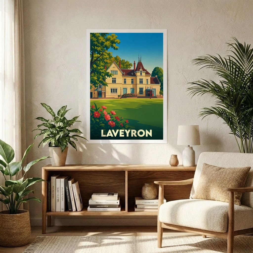 Affiche souvenir de la ville de Laveyron représentant une grande demeure illustrée dans un style vintage coloré.
