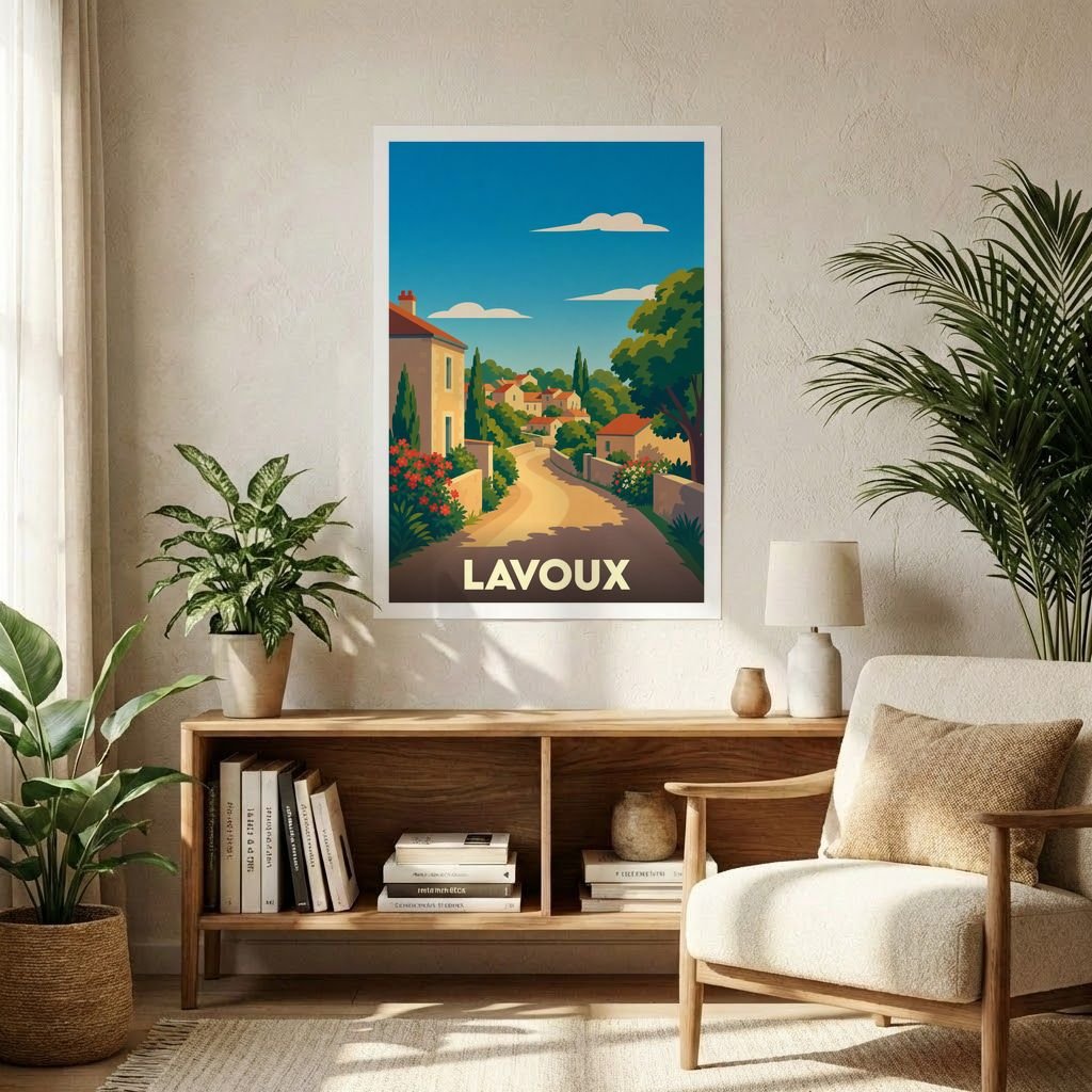 Affiche souvenir de la ville de Lavoux avec une illustration stylisée d'un village ensoleillé.