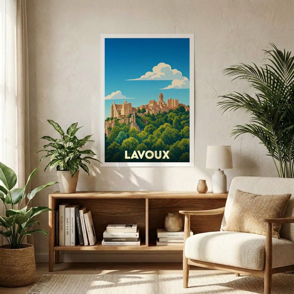 Affiche souvenir de la ville de Lavoux avec une illustration stylisée d'un village perché.