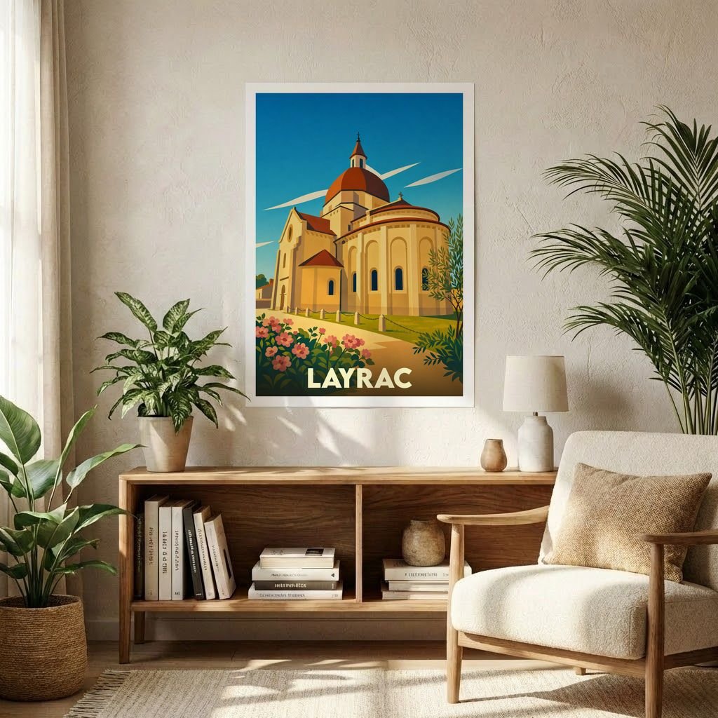 Affiche souvenir de la ville de Layrac représentant son église dans un style graphique rétro.