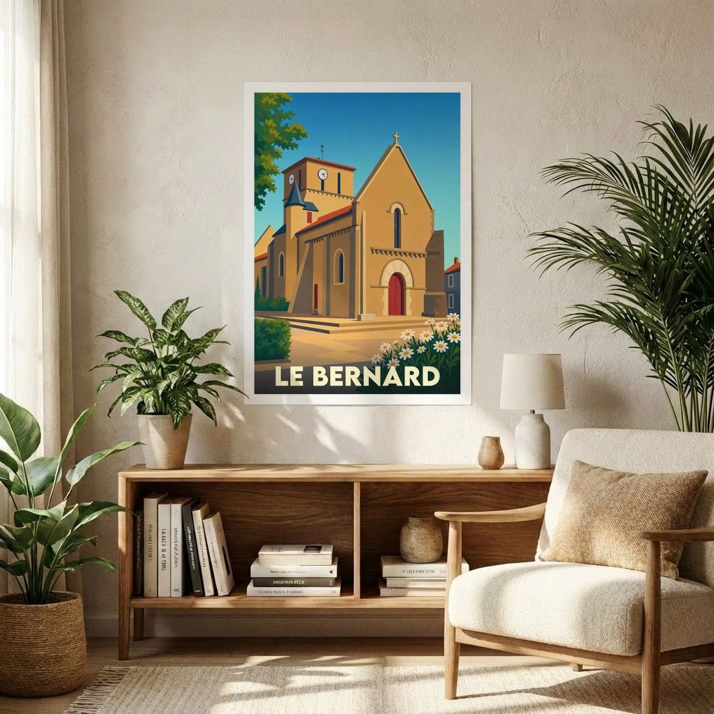 Affiche souvenir de la ville de Le Bernard avec une illustration stylisée de son église.