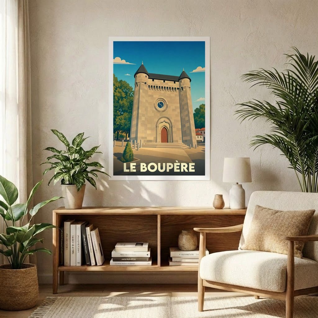Affiche souvenir de la ville de Le Boupère avec une illustration stylisée de son église fortifiée.