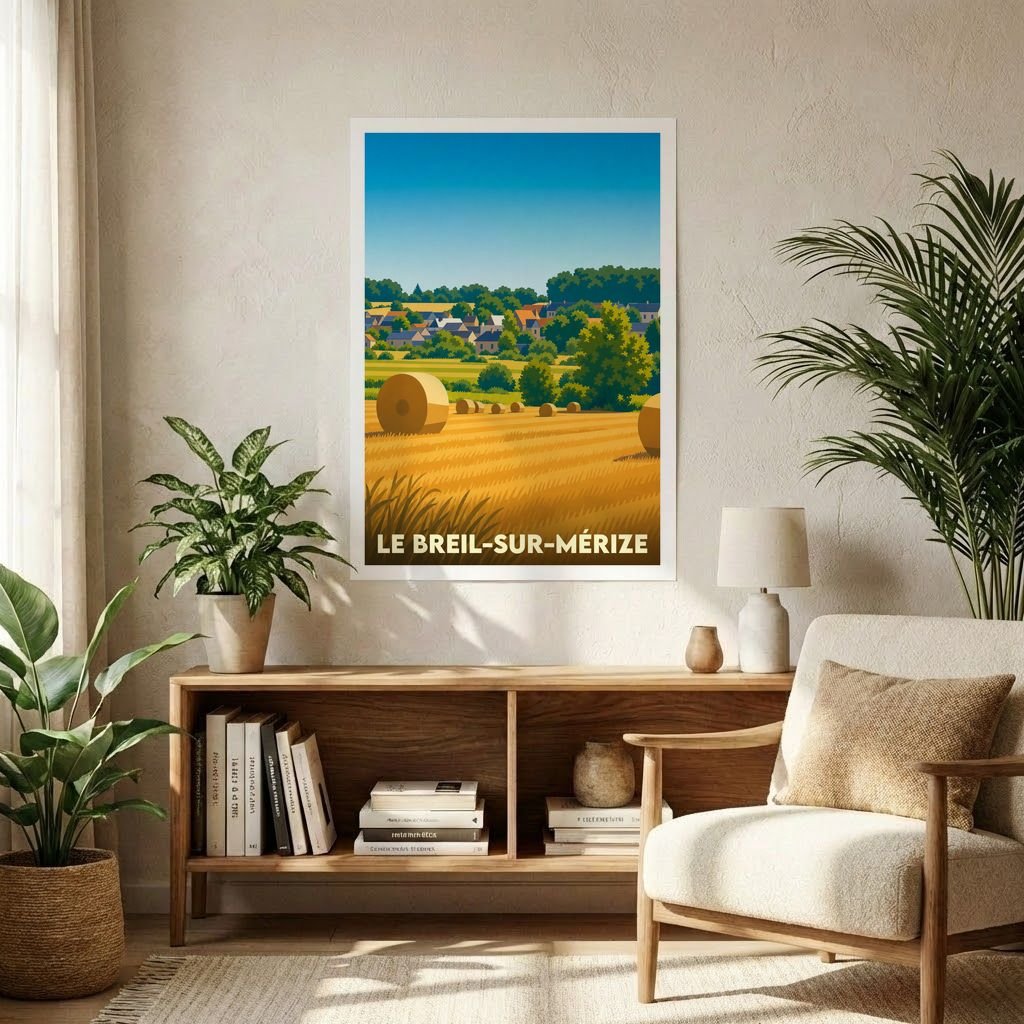 Affiche souvenir de la ville de Le Breil-sur-Mérize avec une illustration stylisée d'un paysage de campagne moissonné.