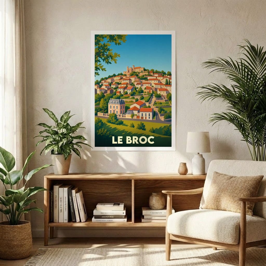 Affiche souvenir de la ville de Le Broc avec une illustration stylisée et colorée.