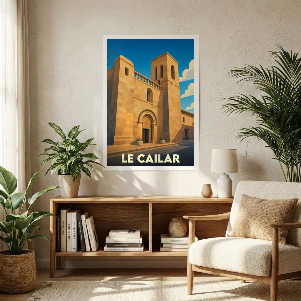 Affiche souvenir de la ville du Cailar avec une illustration stylisée d'un bâtiment historique sous un ciel bleu.