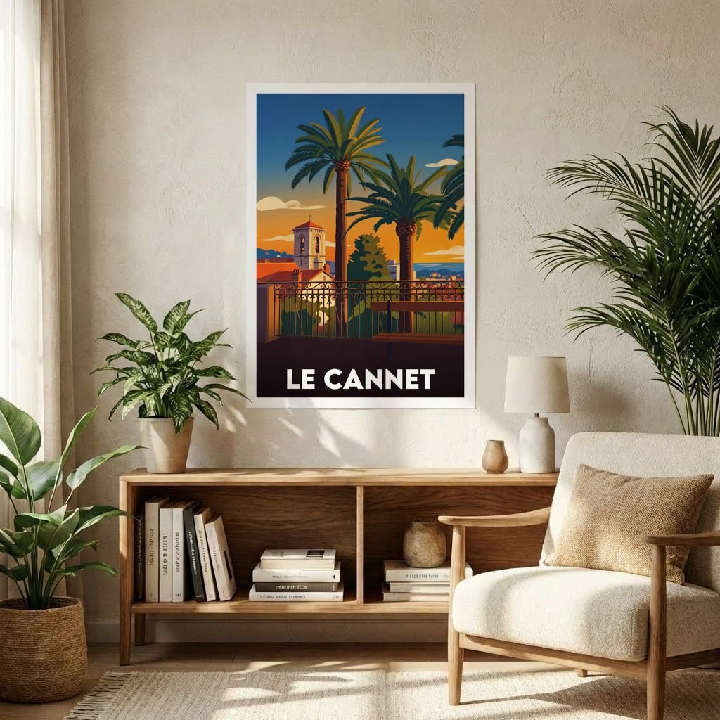 Affiche souvenir de la ville de Le Cannet avec une illustration stylisée de palmiers et d'un clocher.