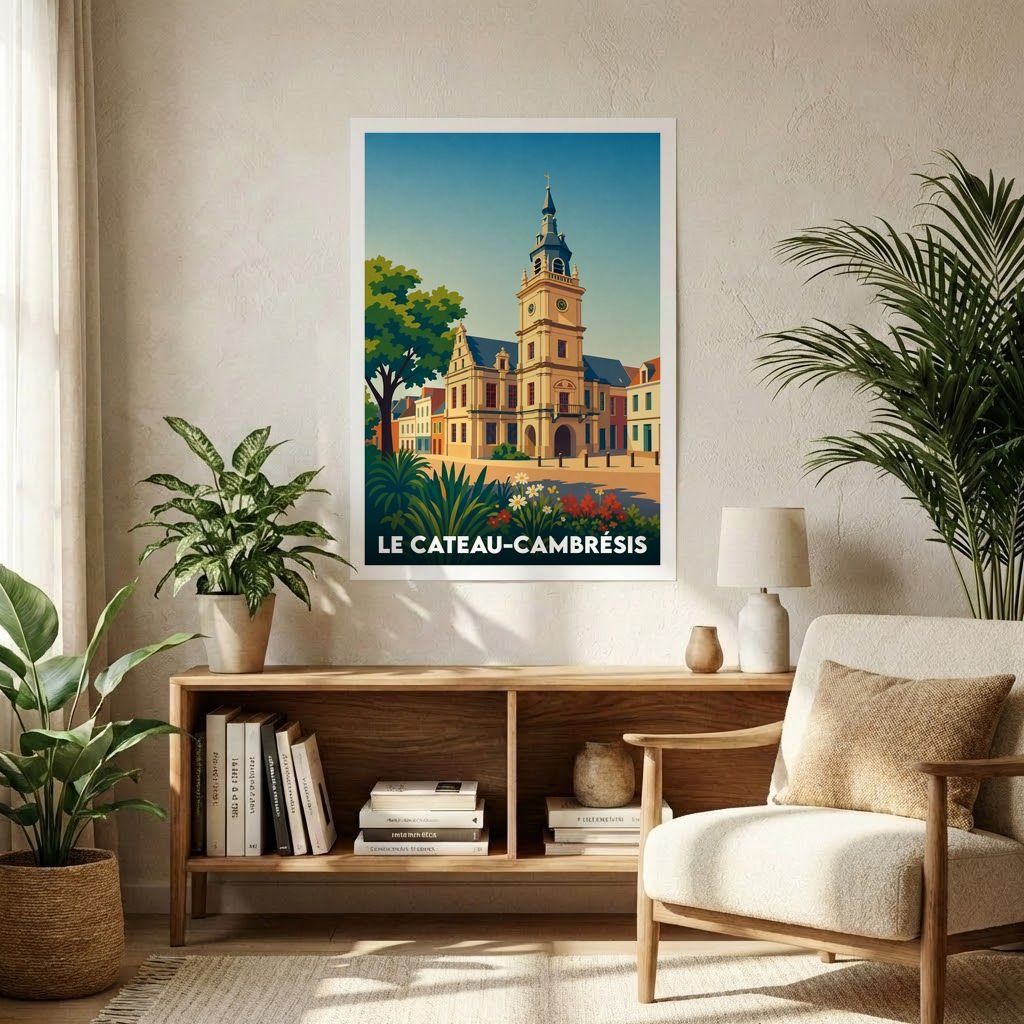 Affiche souvenir de la ville de Le Cateau-Cambrésis illustrant son hôtel de ville dans un style rétro et coloré.