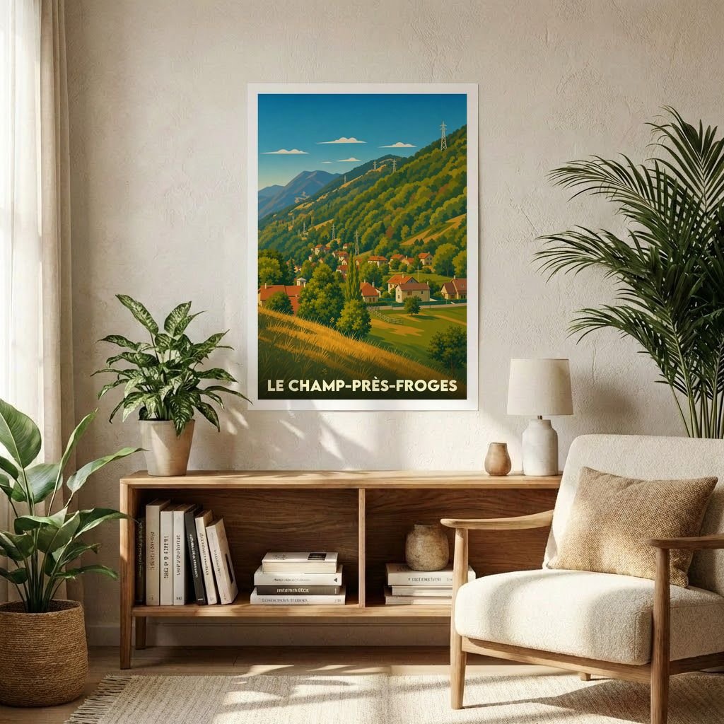 Affiche souvenir de la ville de Le Champ-près-Froges avec une illustration stylisée de son paysage montagneux.