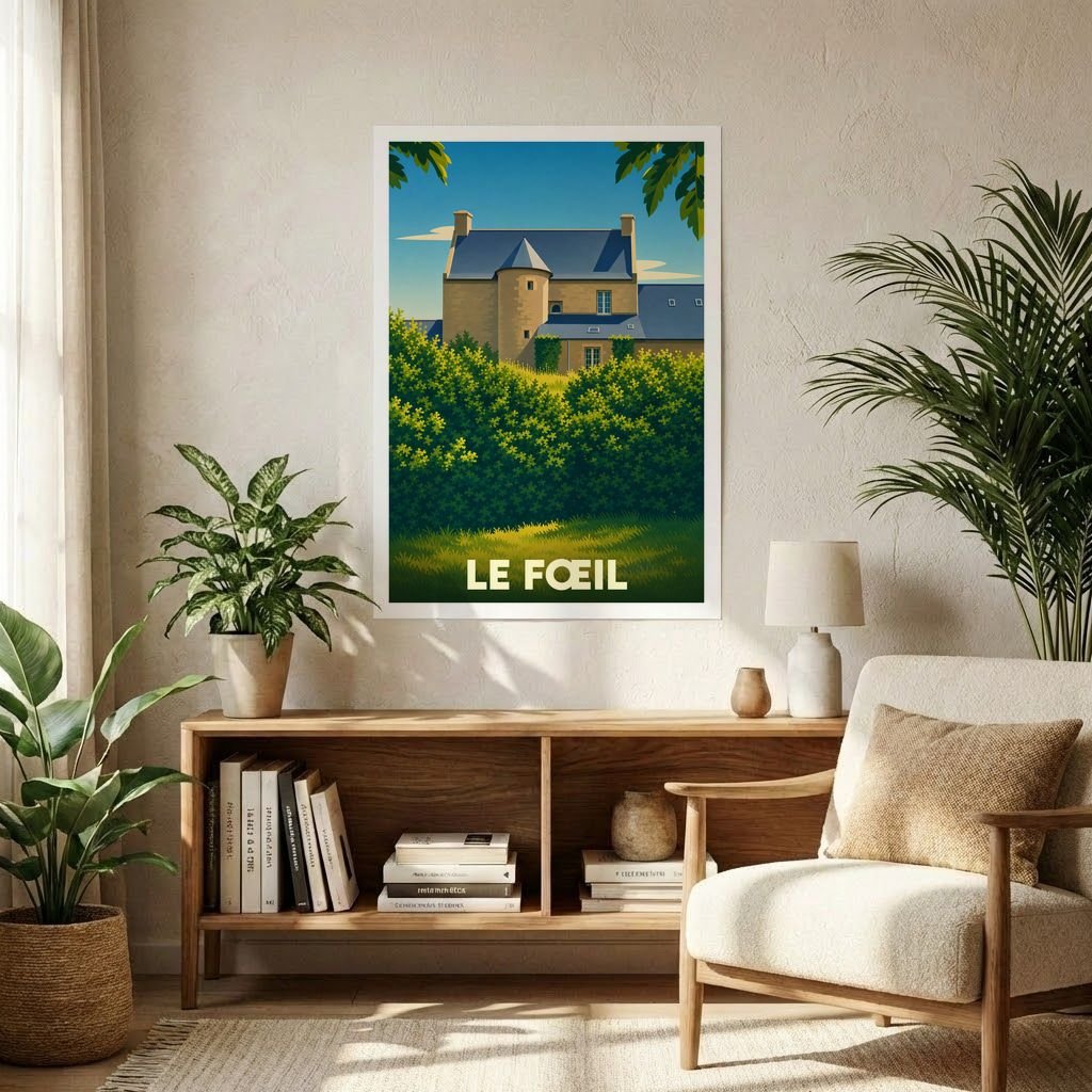 Affiche souvenir de la ville de Le Fœil avec une illustration stylisée d'un manoir breton.