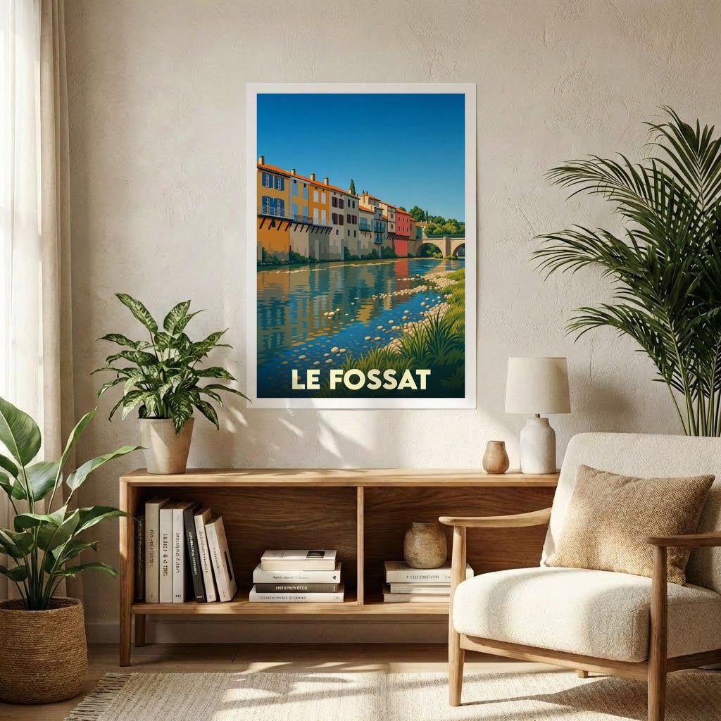 Affiche souvenir de la ville de Le Fossat avec une illustration stylisée d'un quai coloré au bord de l'eau.