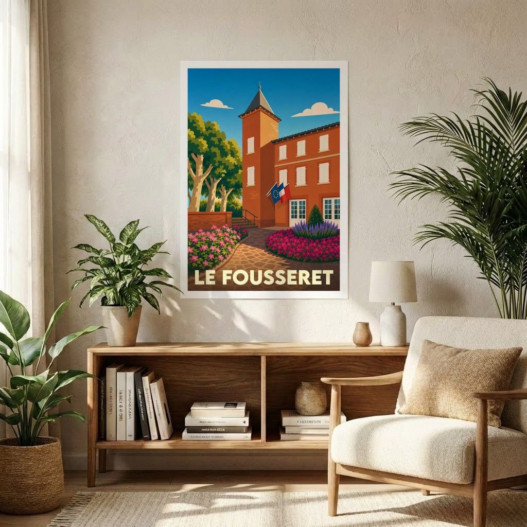 Affiche souvenir de la ville du Fousseret présentant une illustration stylisée de sa mairie.
