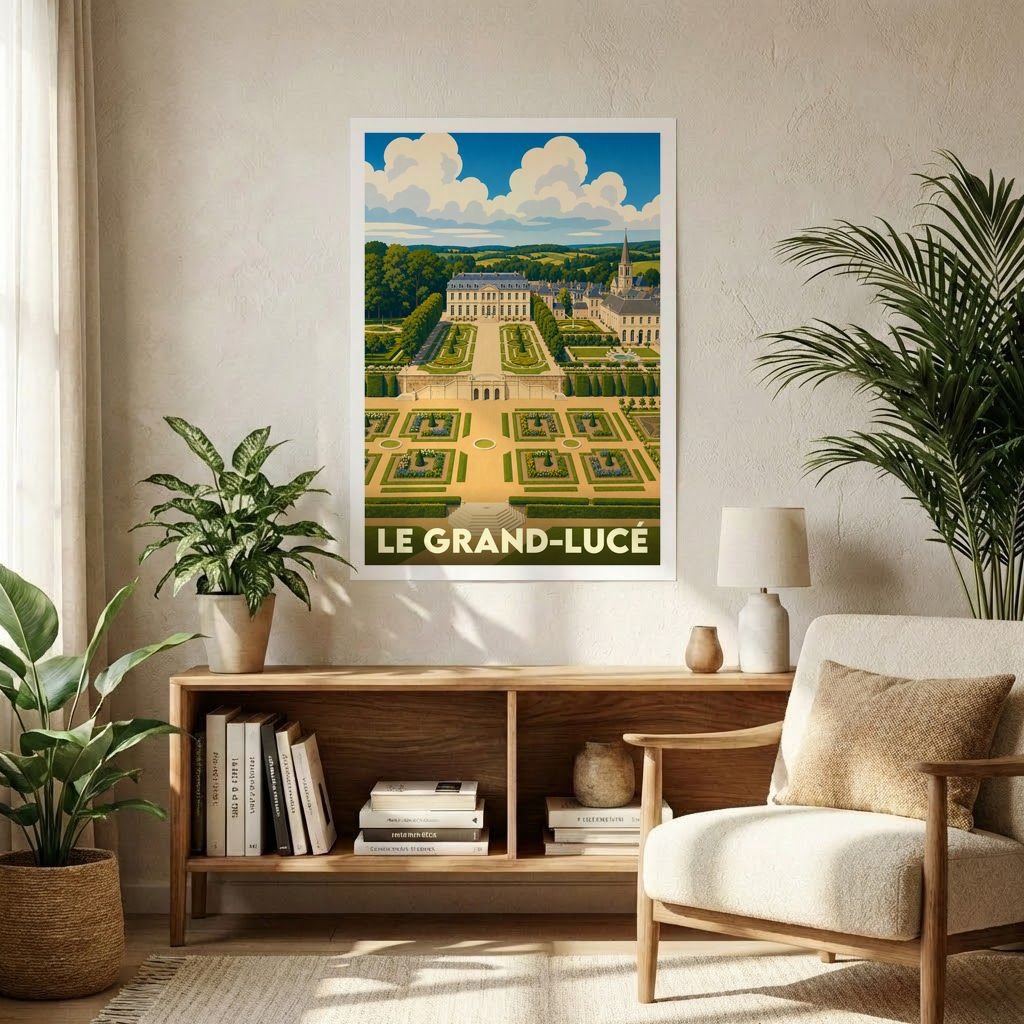 Affiche souvenir de la ville de Le Grand-Lucé avec une illustration stylisée de son château et de ses jardins à la française.