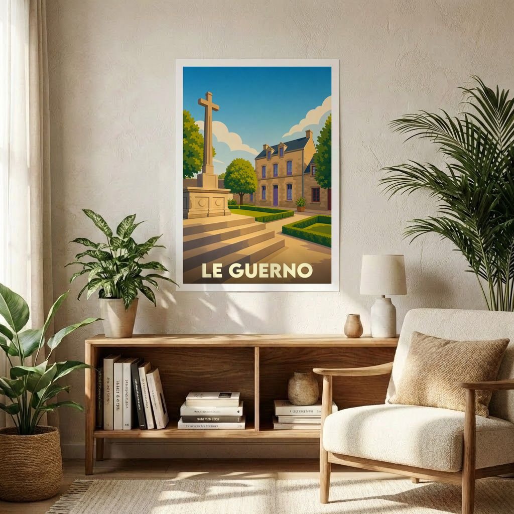 Affiche souvenir de la ville de Le Guerno avec une illustration stylisée et colorée de son patrimoine.