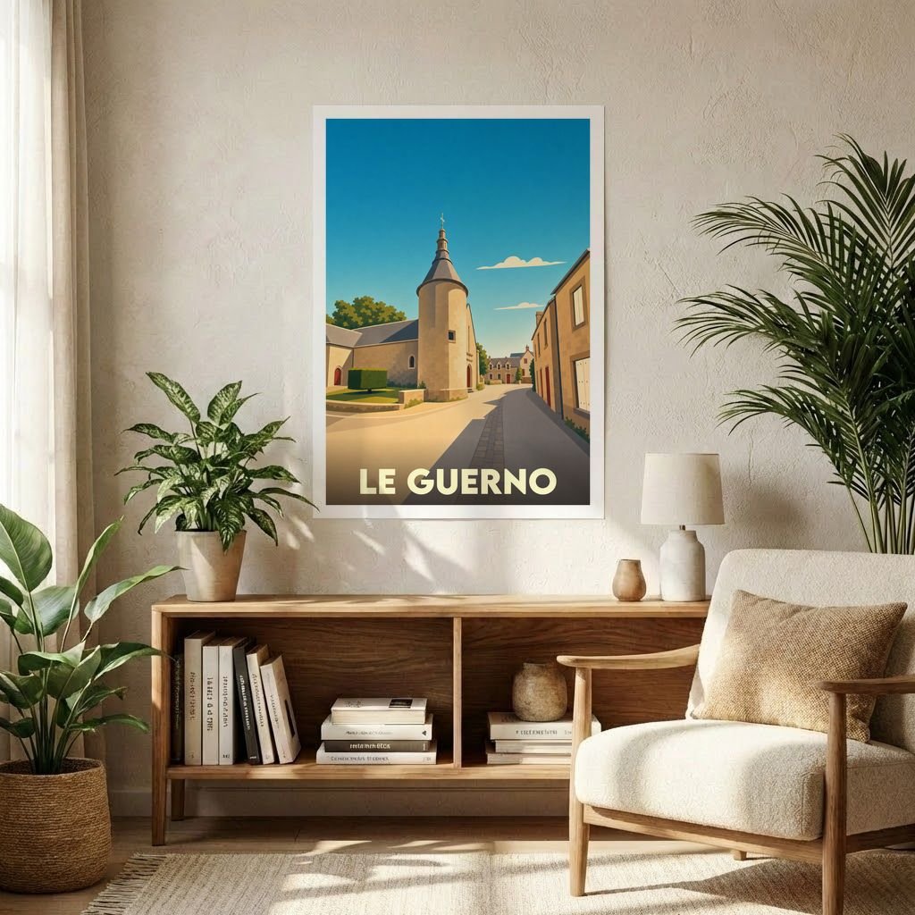 Affiche souvenir de la ville de Le Guerno avec une illustration stylisée.