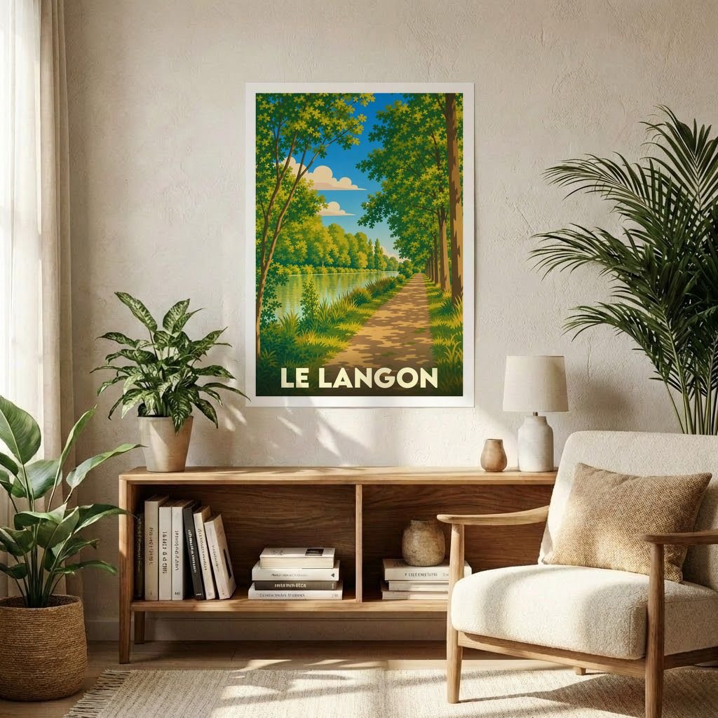Affiche souvenir de la ville de Le Langon avec une illustration stylisée d'un chemin boisé au bord de l'eau.