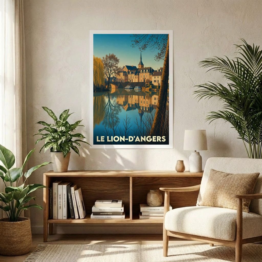 Affiche souvenir de la ville de Le Lion-d'Angers avec une illustration stylisée des bords de l'Oudon.