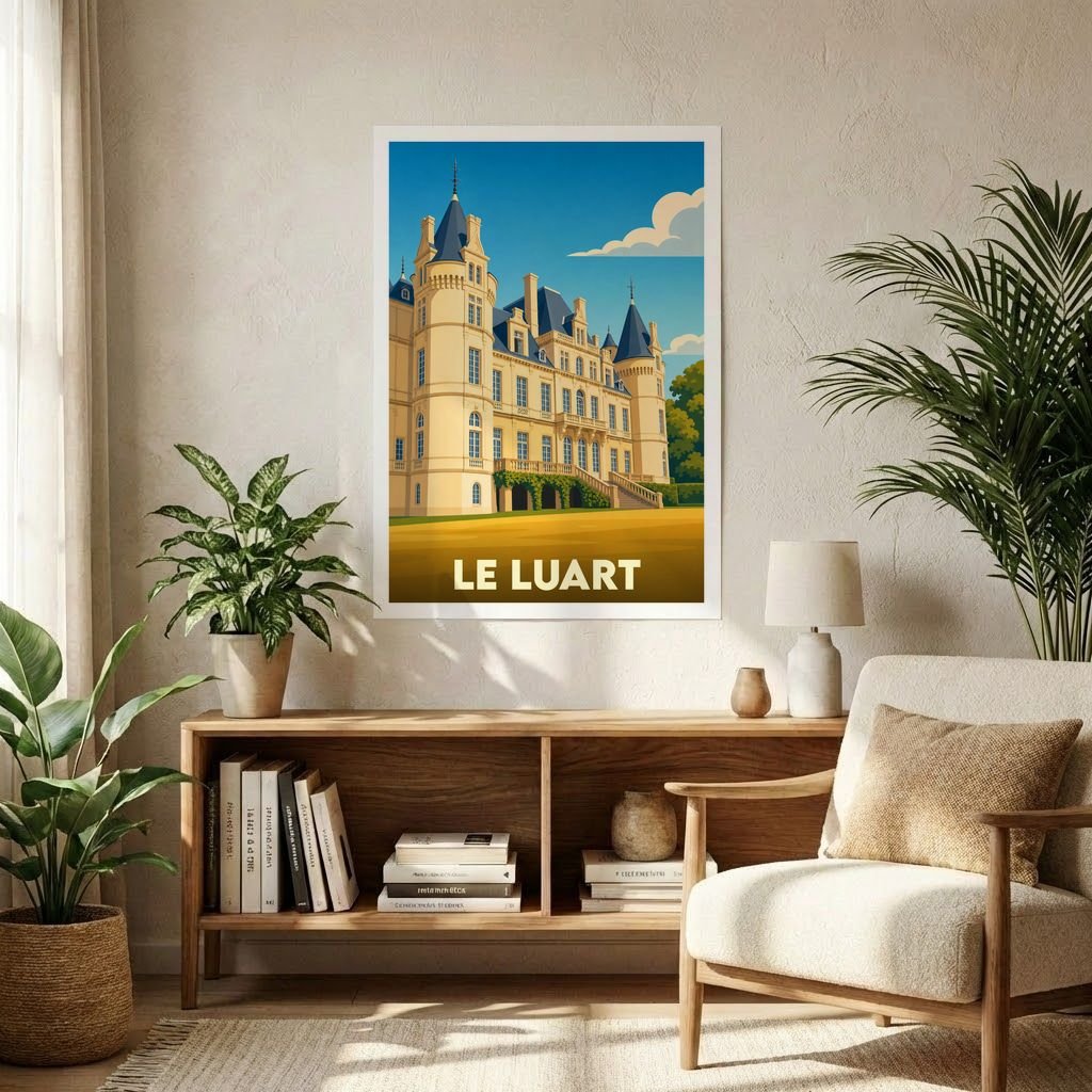 Affiche souvenir de la ville de Le Luart avec une illustration stylisée de son château.