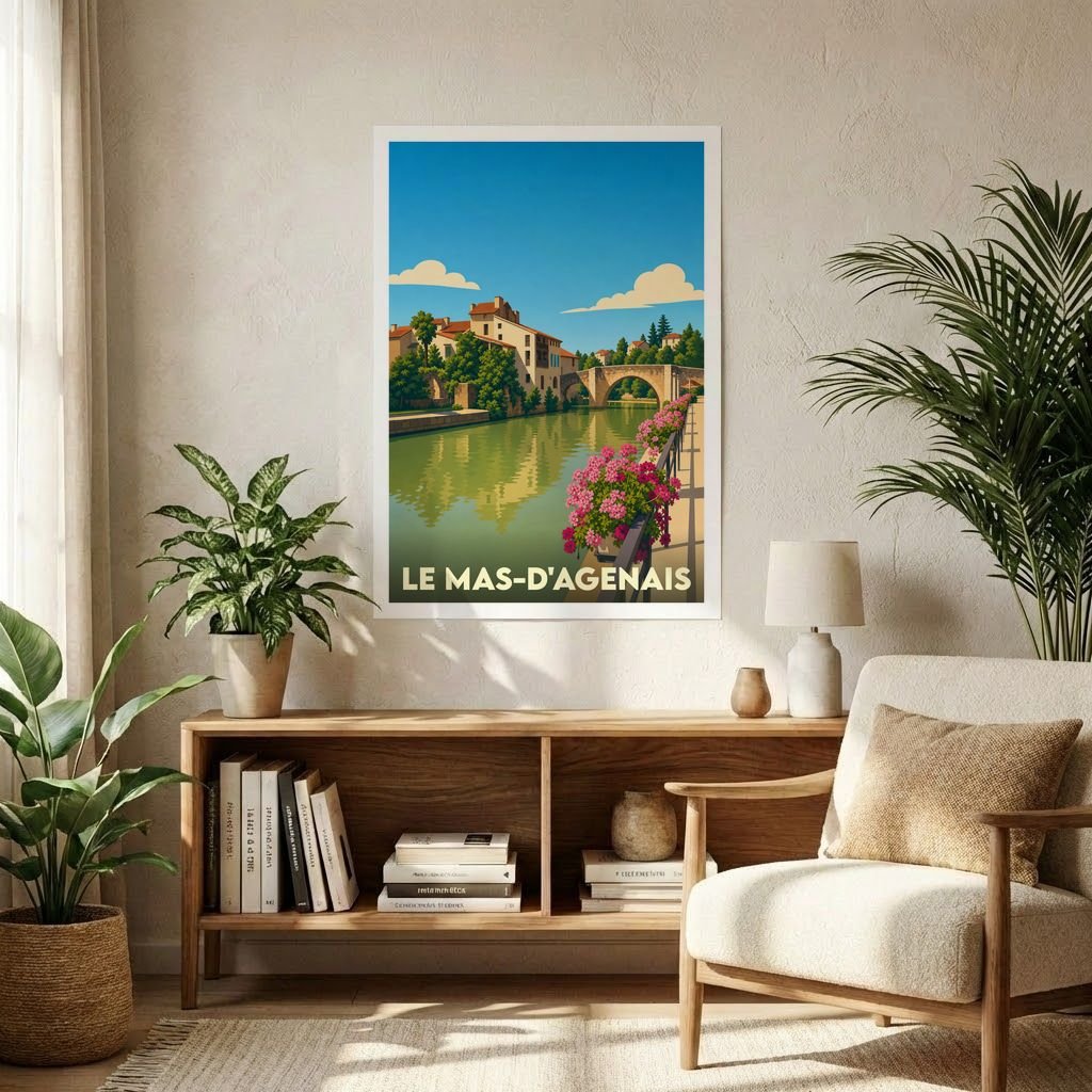 Affiche souvenir de la ville de Le Mas-d'Agenais avec une illustration stylisée d'un pont et de maisons au bord de l'eau.