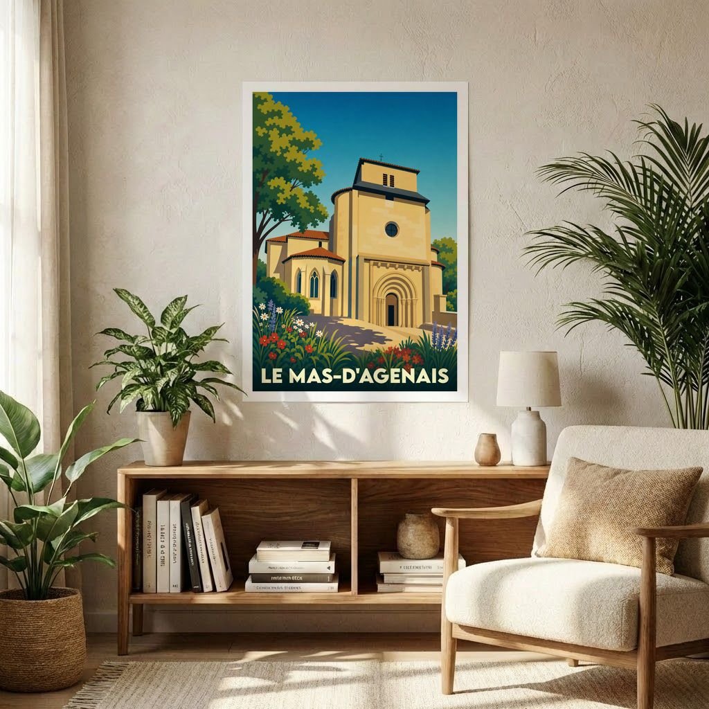 Affiche souvenir de la ville du Mas-d'Agenais avec une illustration stylisée de sa collégiale.