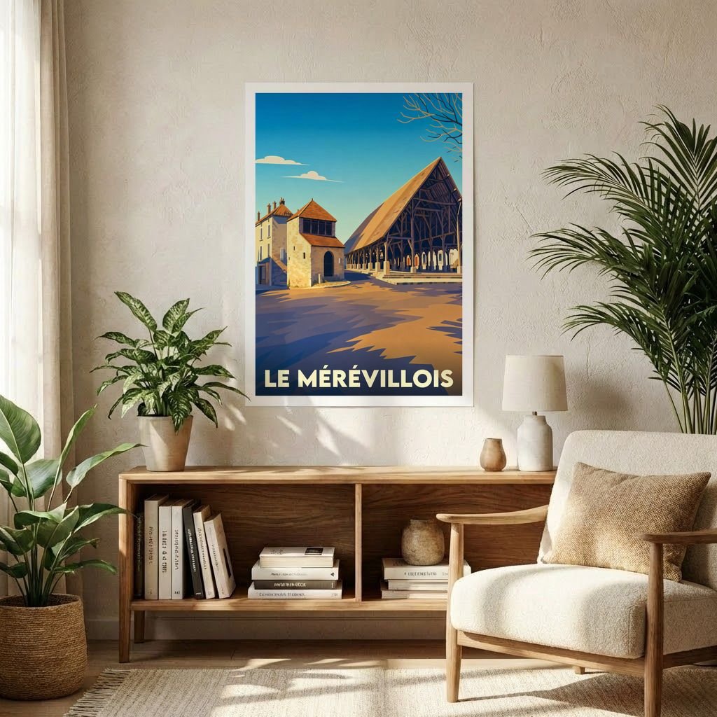 Affiche souvenir de la ville du Mérévillois avec une illustration stylisée de sa célèbre halle médiévale.