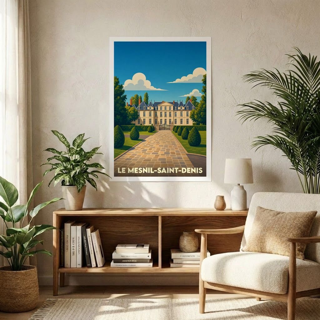 Affiche souvenir de la ville de Le Mesnil-Saint-Denis représentant son château et son parc dans un style graphique épuré.