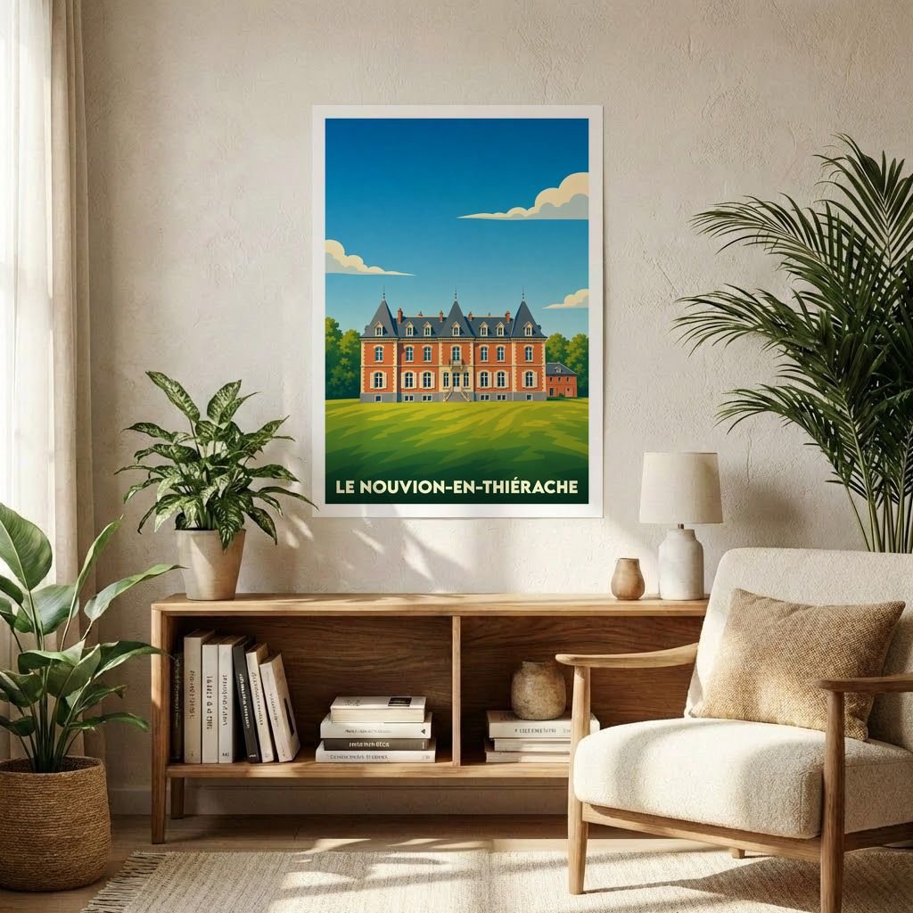 Affiche souvenir de la ville de Le Nouvion-en-Thiérache illustrant un château majestueux dans un style vintage coloré.