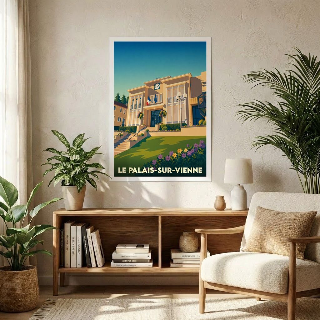 Affiche souvenir de la ville de Le Palais-sur-Vienne avec une illustration stylisée de son hôtel de ville.