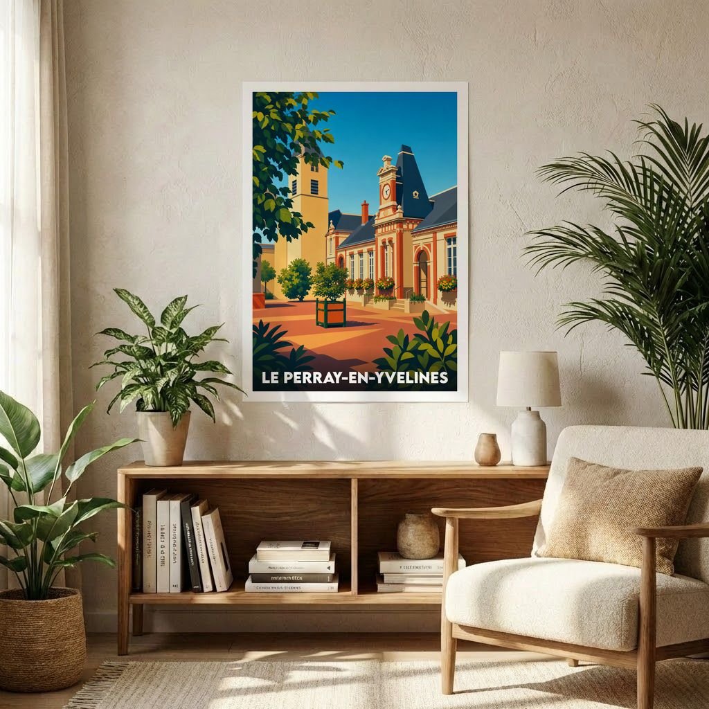 Affiche souvenir de la ville de Le Perray-en-Yvelines avec une illustration stylisée et colorée de son architecture.