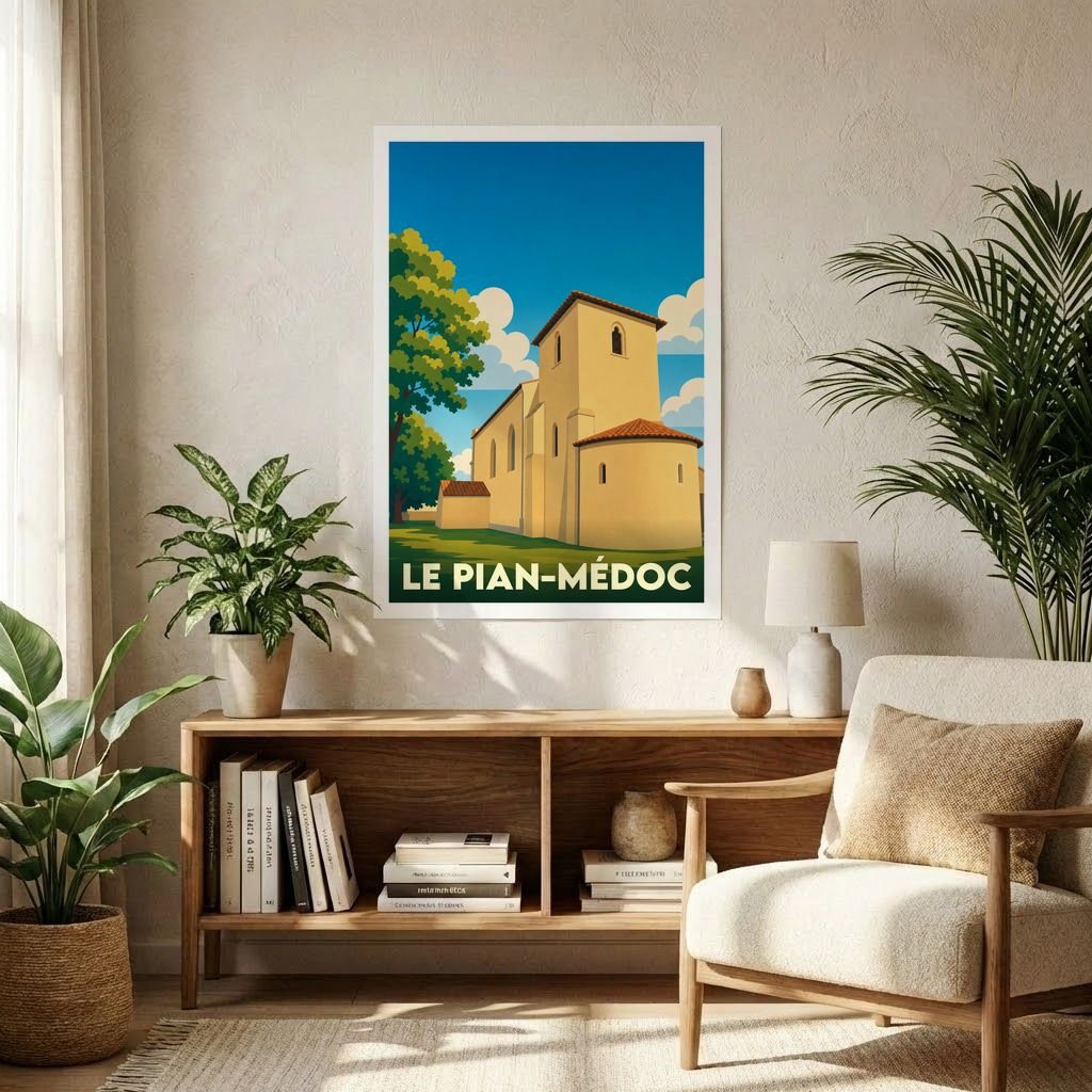 Affiche souvenir de la ville de Le Pian-Médoc avec une illustration stylisée d'une église locale.