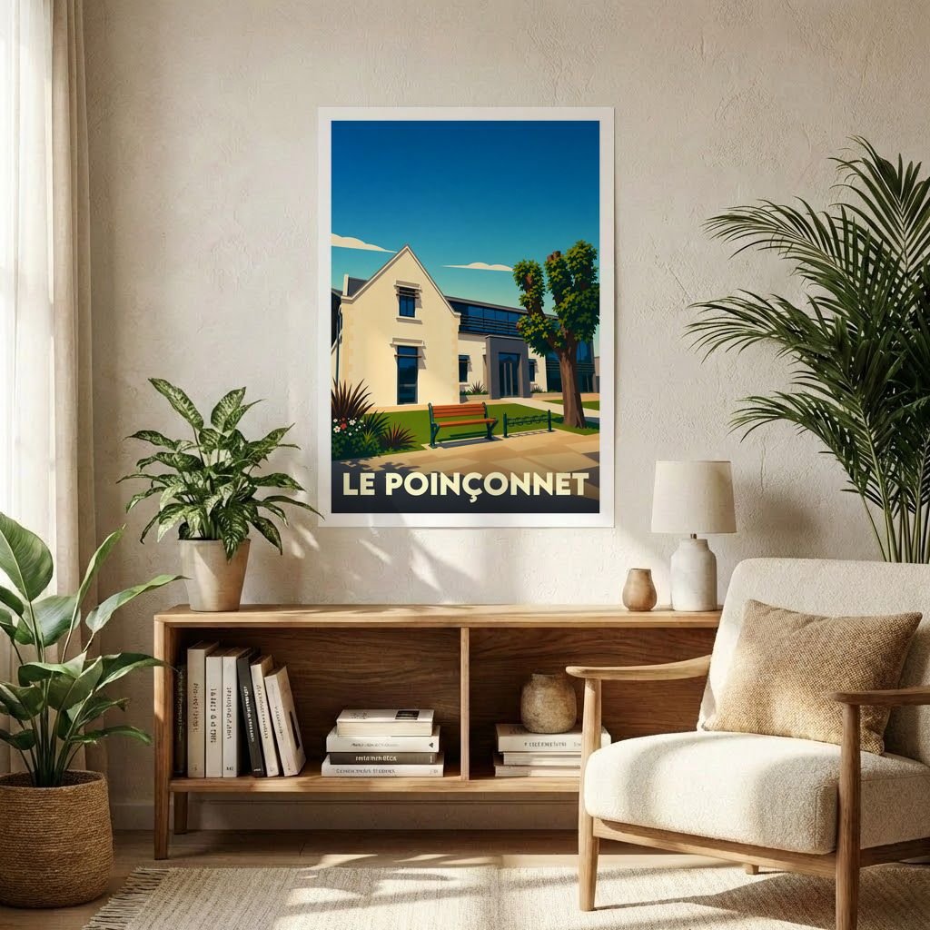 Affiche souvenir de la ville de Le Poinçonnet avec une illustration stylisée et colorée.