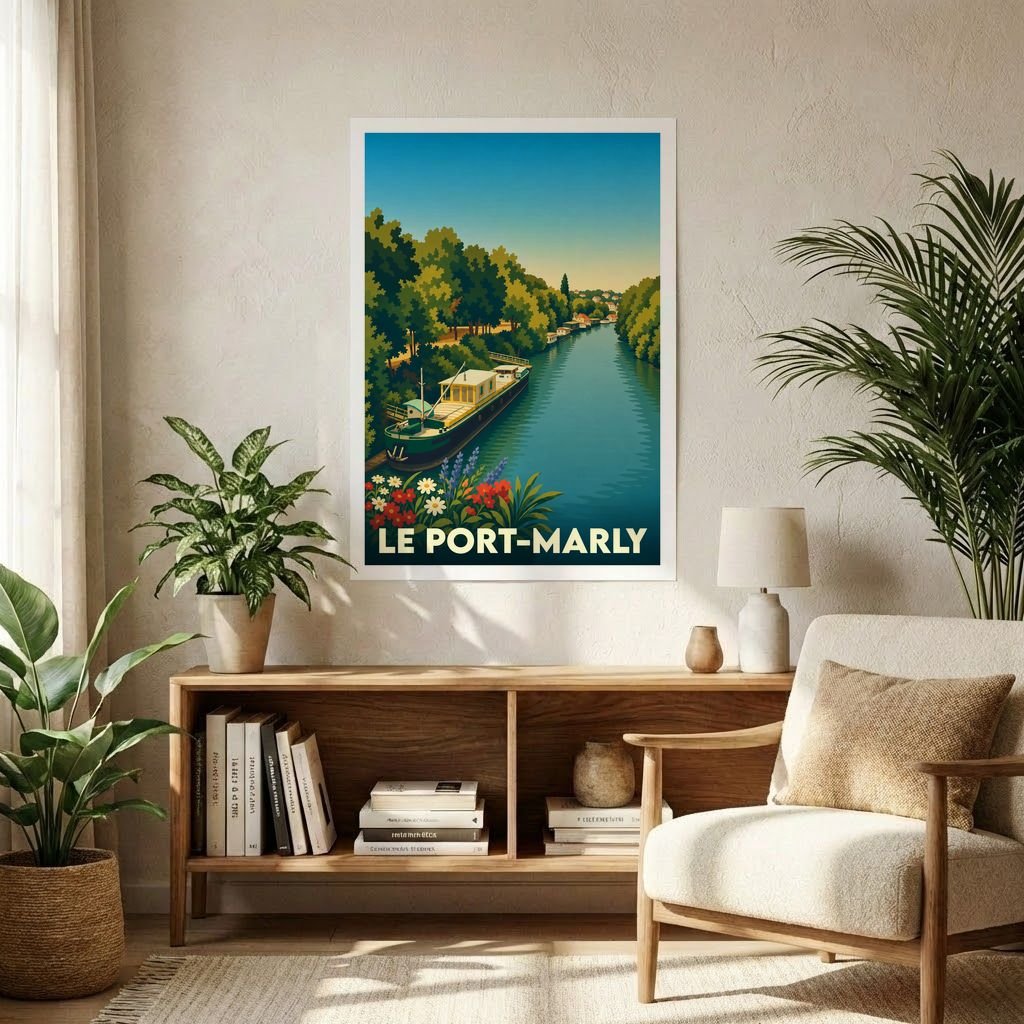 Affiche souvenir de la ville de Le Port-Marly avec une illustration stylisée d'une péniche sur la Seine.