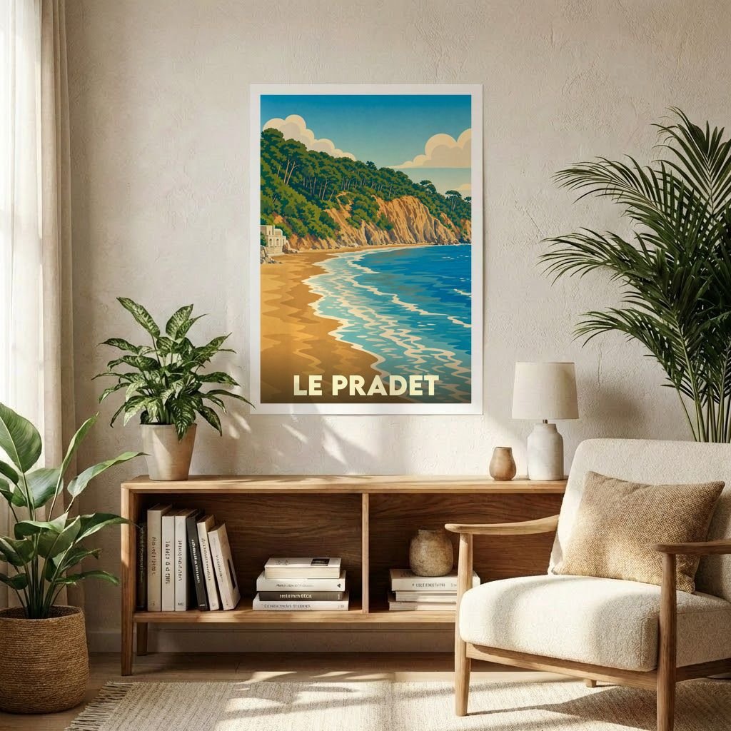Affiche souvenir de la ville de Le Pradet avec une illustration stylisée d'une plage et de falaises.