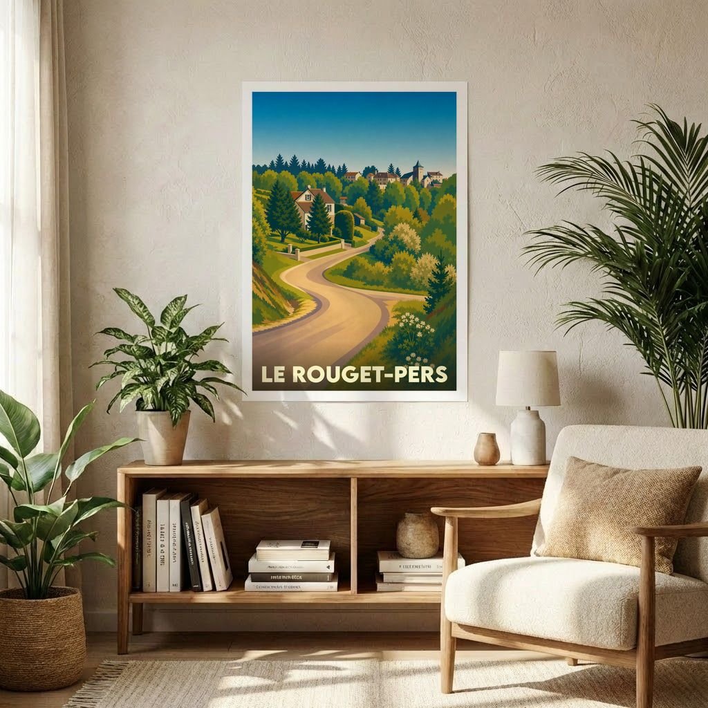 Affiche souvenir de la ville de Le Rouget-Pers avec une illustration stylisée de son paysage vallonné.