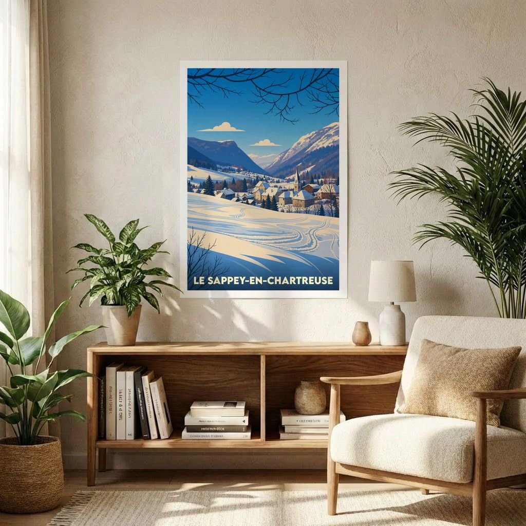 Affiche souvenir de la ville du Sappey-en-Chartreuse avec une illustration stylisée d'un paysage de montagne enneigé.