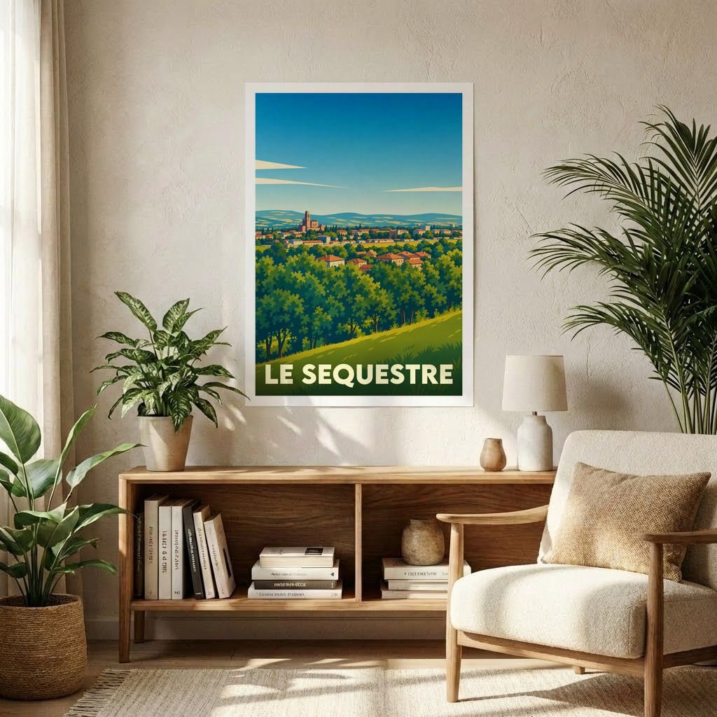 Affiche souvenir de la ville de Le Sequestre avec une illustration stylisée de son paysage urbain et arboré.