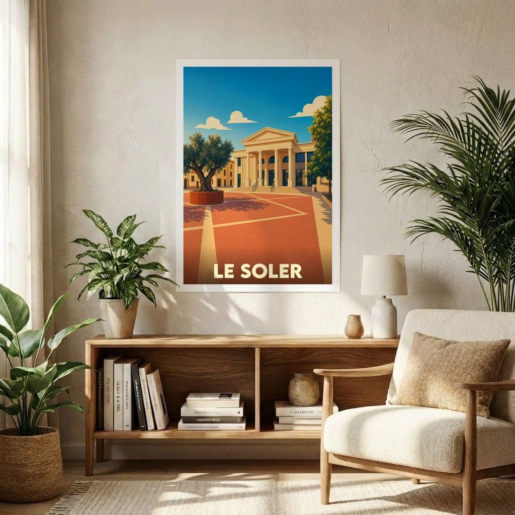 Affiche souvenir de la ville de Le Soler avec une illustration stylisée.