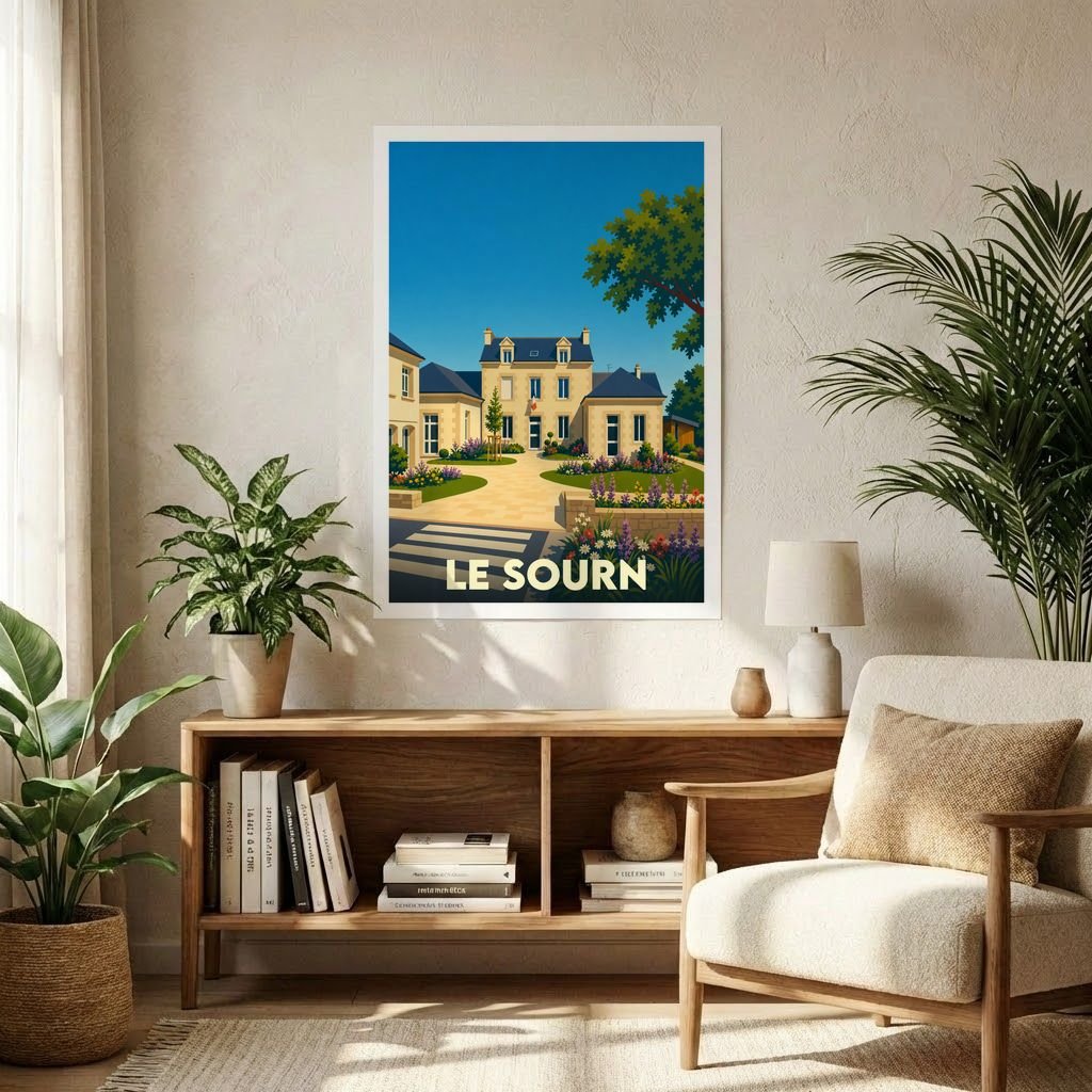 Affiche souvenir de la ville de Le Sourn représentant une illustration stylisée de sa mairie fleurie sous un ciel bleu.