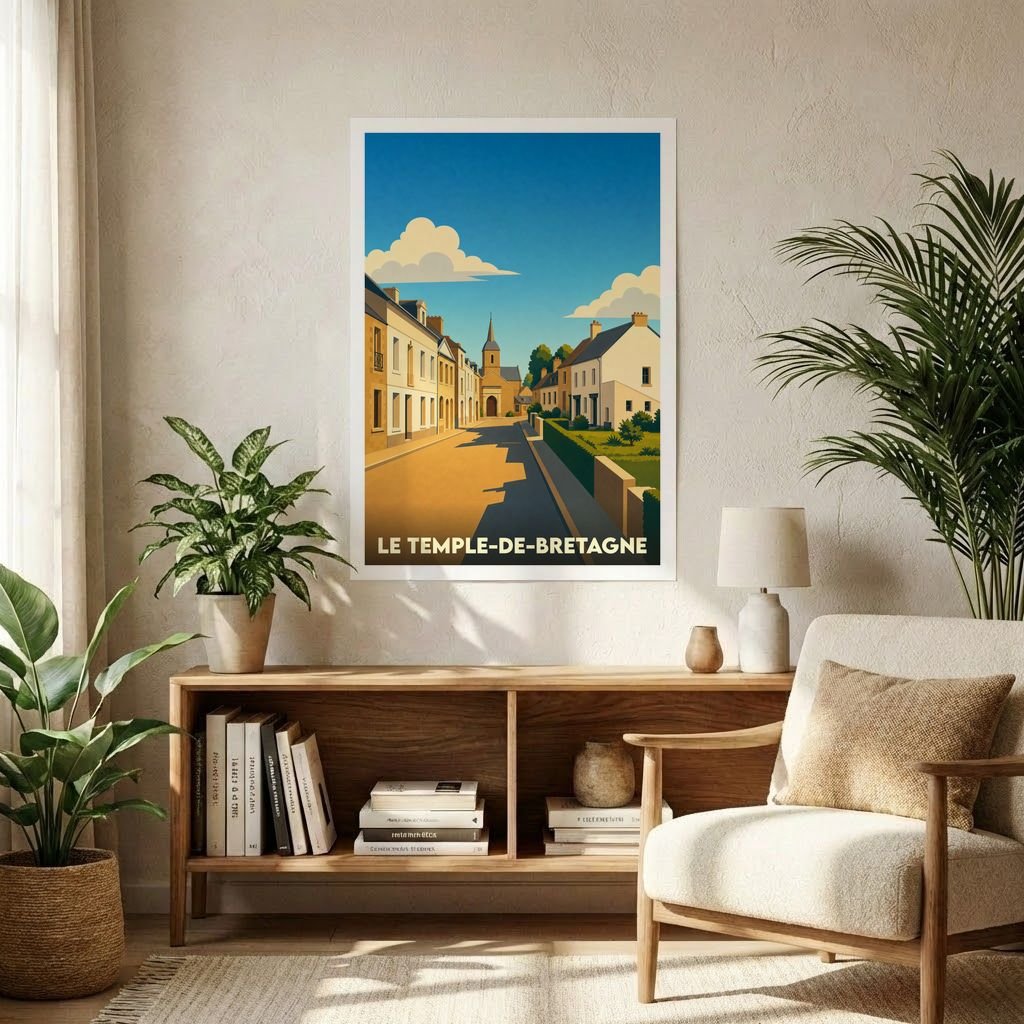 Affiche souvenir de la ville de Le Temple-de-Bretagne avec une illustration stylisée d'une rue ensoleillée menant à l'église.