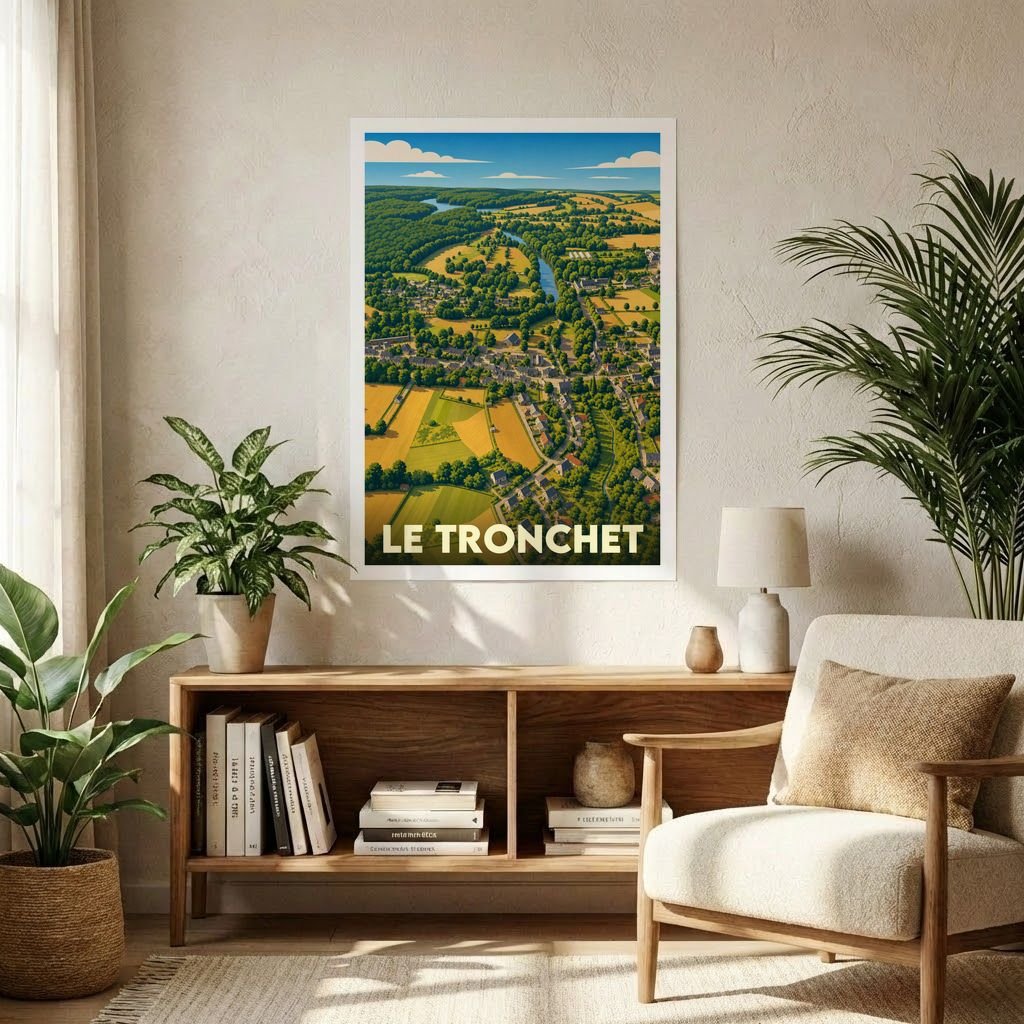 Affiche souvenir de la ville du Tronchet avec une illustration stylisée représentant un paysage aérien verdoyant.