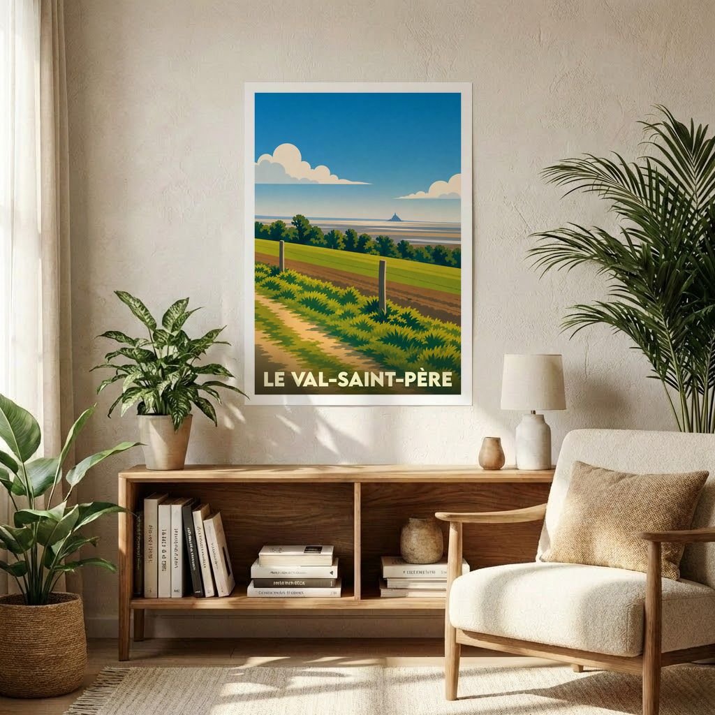 Affiche souvenir de la ville de Le Val-Saint-Père avec une illustration stylisée d'un paysage côtier.